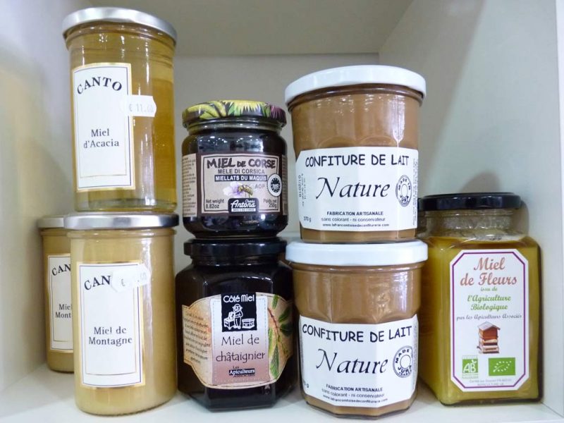 Miel de montagne et miel d'acacia Canto, miel de châtaignier, miellats du maquis corse AOP Antona, confiture de lait artisanale du Jura, miel de fleurs bio