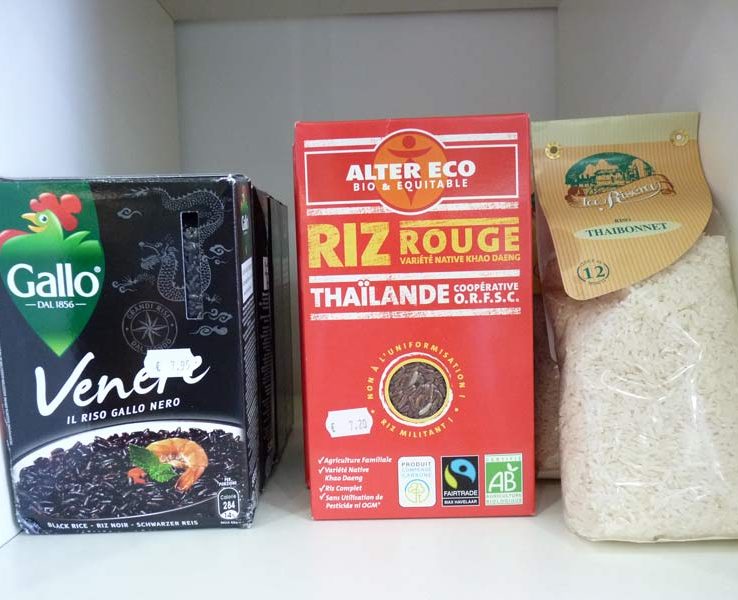 Riz spéciaux Riz noir Gallo, riz rouge de Thïlande Alter Eco bio, riso thaibonnet la Riséra