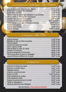 Carte plats et prix fêtes 2018
